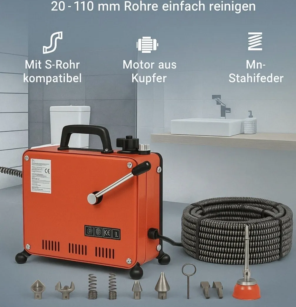 Rohrreinigungsmaschine mit Reinigungsdüsen und Spirale